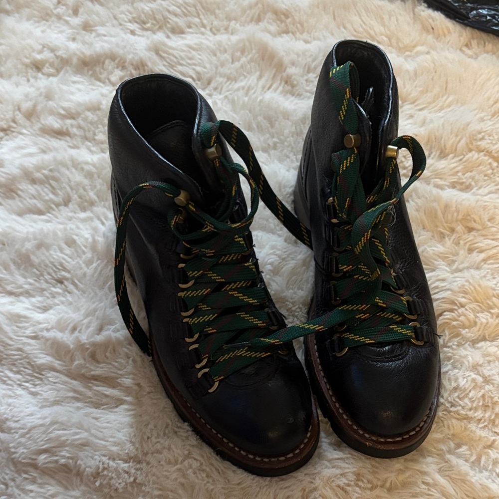 Frye Black Leather Hiking-Style Lace-Up Boots with Green & Yellow Laces